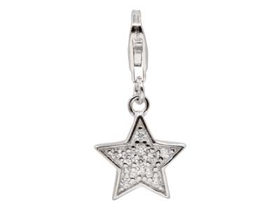 Sterling Silver Star Design Charm  With Cubic Zirconia And Carabiner  Trigger Clasp