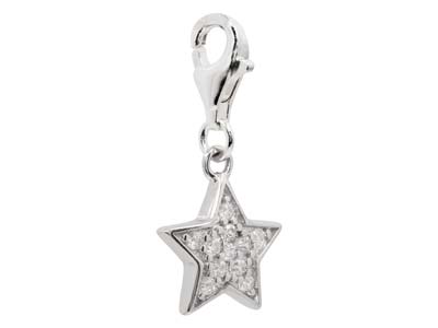 Sterling Silver Star Design Charm  With Cubic Zirconia And Carabiner  Trigger Clasp - Standard Image - 2