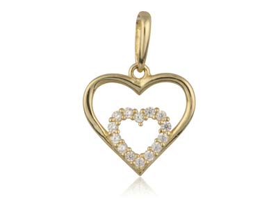 9ct Yellow Gold Double Heart        Outline Pendant With Cubic Zirconia - Standard Image - 1