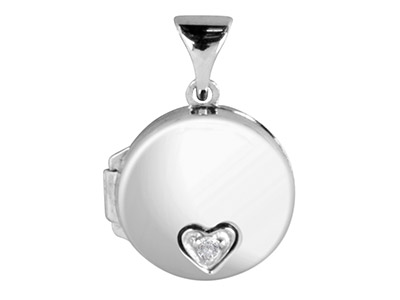 Sterling Silver Locket Round       Diamond Set Heart