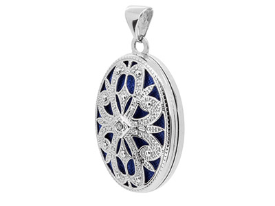 Sterling Silver Locket 21mm        Filigree Oval Set With 0.005ct     Diamond - Standard Image - 2