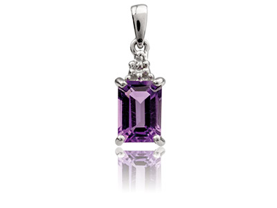 Sterling Silver Pendant With       Emerald Cut Amethyst And Diamond - Standard Image - 1