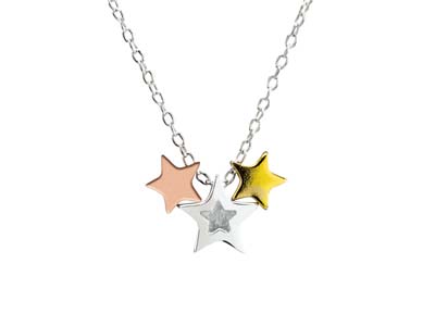 Sterling Silver Three Star Design  Necklet Plated Sil, Yellow And Red