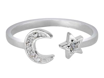 Sterling Silver Cubic Zirconia Moon And Star Design Adjustable Ring