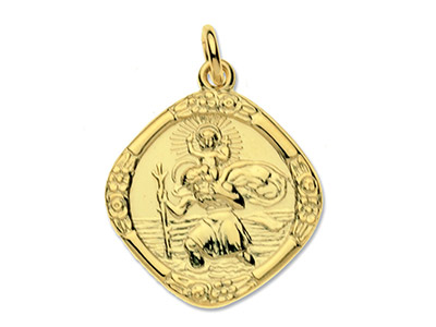 9ct Yellow Gold Large Round Saint Christopher Religious Medallion Pendant  on Gold Chain - St Christopher - Patron