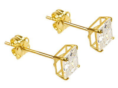 9ct Yellow Gold 4mm Square         Cubic Zirconia Basket Studs - Standard Image - 2