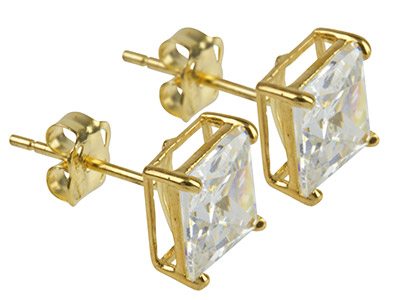 9ct Yellow Gold 6mm Square          Cubic Zirconia Basket Stud Earrings - Standard Image - 2