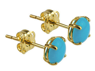 9ct Yellow Gold Birthstone Earrings 5mm Round Stabilised Turquoise      Cabochon - December - Standard Image - 1