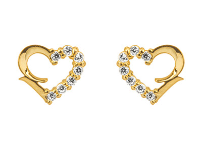 9ct Yellow Gold Heart Outline Stud Earrings Half Set With             Cubic Zirconia - Standard Image - 1