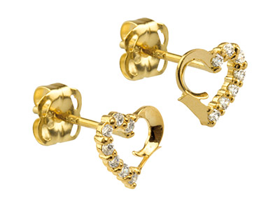 9ct Yellow Gold Heart Outline Stud Earrings Half Set With             Cubic Zirconia - Standard Image - 2