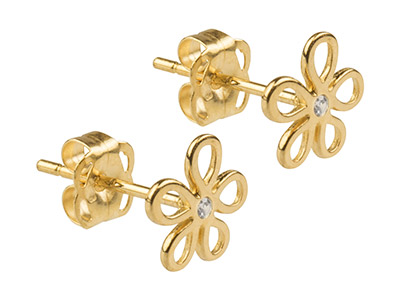 9ct Yellow Gold Flower Outline Stud Earrings Set With Cubic Zirconia - Standard Image - 2