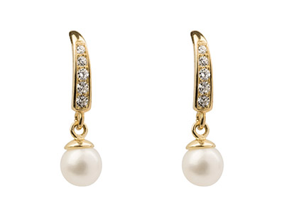 9ct Yellow Gold Drop Earrings With 4mm Fresh Water Pearl And          Cubic Zirconia