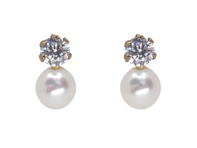 9ct Yellow Gold Pearl And           Cubic Zirconia Design Stud Earrings