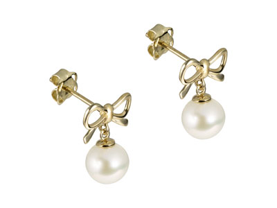 9ct Yellow Gold Bow And Freshwater Pearl Drop Earrings - Standard Image - 2
