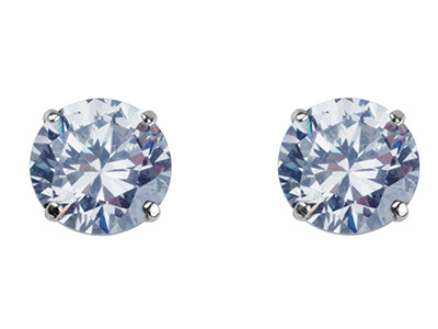 9ct White Gold 7mm Round           Cubic Zirconia Basket Set Studs,   Pair - Standard Image - 1
