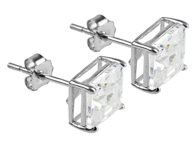 9ct White Gold 6mm Square           Cubic Zirconia Basket Stud Earrings - Standard Image - 2