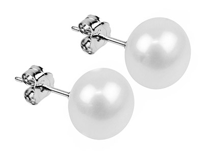Sterling Silver 8mm-9mm Button     White Pearl Studs - Standard Image - 2