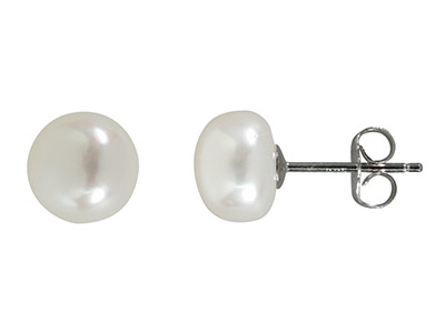 Sterling Silver 8mm-9mm Button     White Pearl Studs - Standard Image - 3