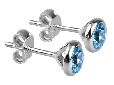 Sterling Silver Earrings March     Birthstone 4mm Aqua Crystal