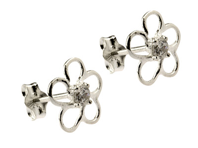Sterling Silver Outline Flower Stud Earrings Set With Cubic Zirconia