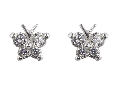 Sterling Silver Butterfly Stud     Earrings With Colourless           Cubic Zirconia - Standard Image - 1