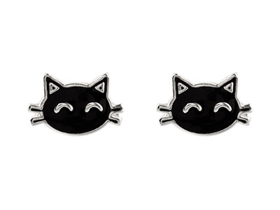 Sterling Silver Cat Enamel Stud    Earrings