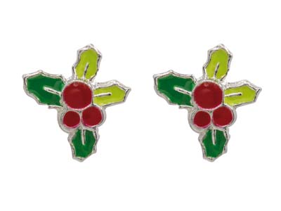 Sterling Silver Holly Design Stud Earrings - Standard Image - 1