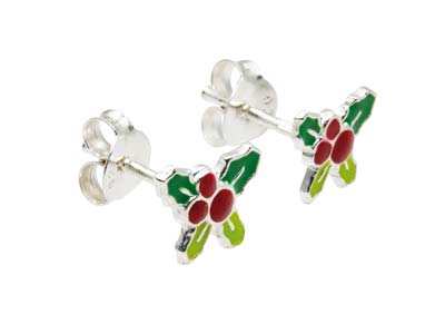 Sterling Silver Holly Design Stud Earrings - Standard Image - 2