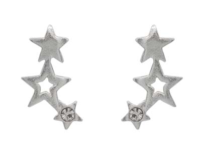 Sterling Silver Trio Star Design   Stud Earrings With White Crystal