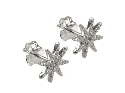 Sterling Silver Octogram Star      Design Stud Earrings With          Cubic Zirconia - Standard Image - 2