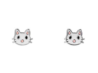 Sterling Silver White Cat Design   Stud Earrings