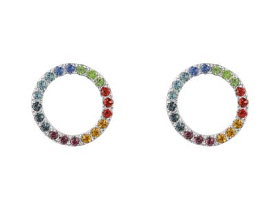 Sterling Silver Circle Design      Earrings With Multicolour          Cubic Zirconia - Standard Image - 1