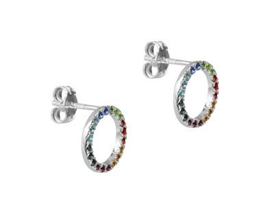 Sterling Silver Circle Design      Earrings With Multicolour          Cubic Zirconia - Standard Image - 2
