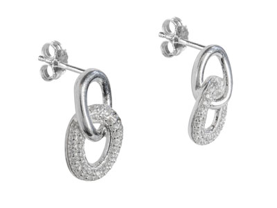 Sterling Silver Double Circle Link Stone Set Stud Earrings - Standard Image - 2