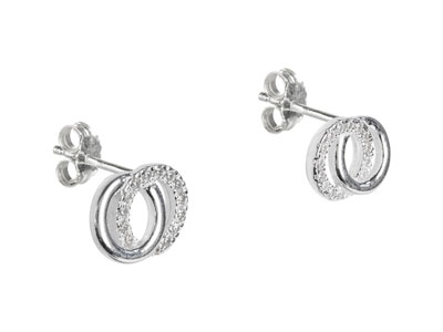 Sterling Silver Double Circle Stud Earrings With Cubic Zirconia - Standard Image - 2