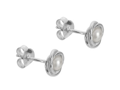 Sterling Silver                    Fresh Water Cultured Pearls Knot   Stud Earrings - Standard Image - 2