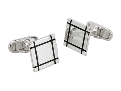 Sterling Silver Cufflink Square    Black Enamel Lines