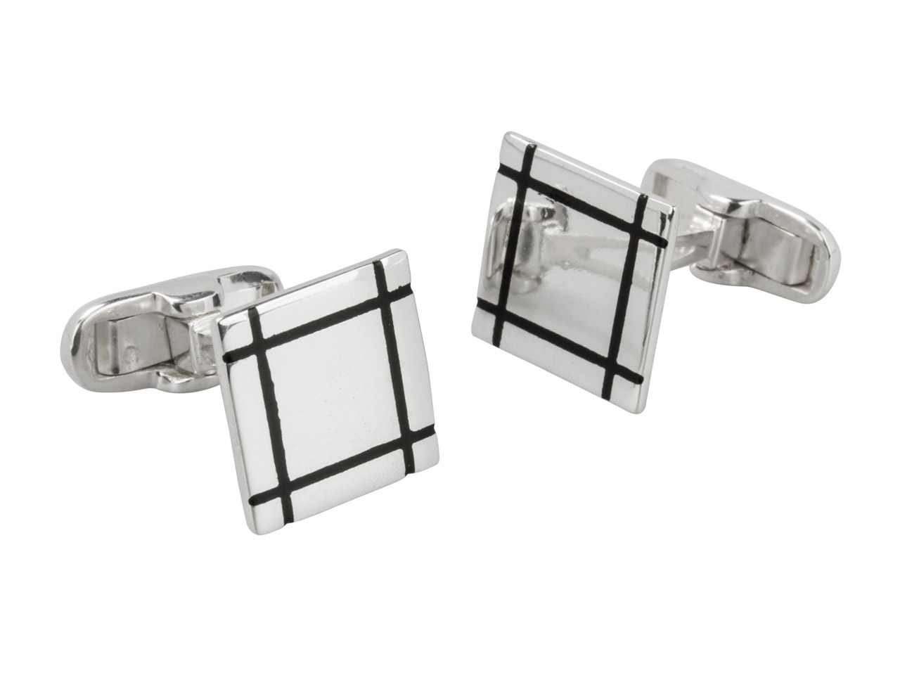 Sterling Silver Cuff Link Square Black Enamel Lines