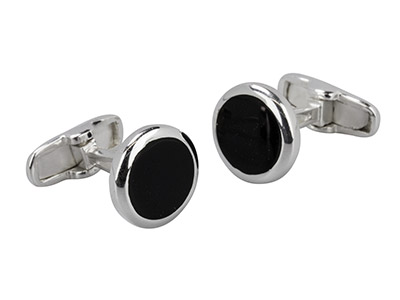 Sterling Silver Cufflink Round     Black Centre