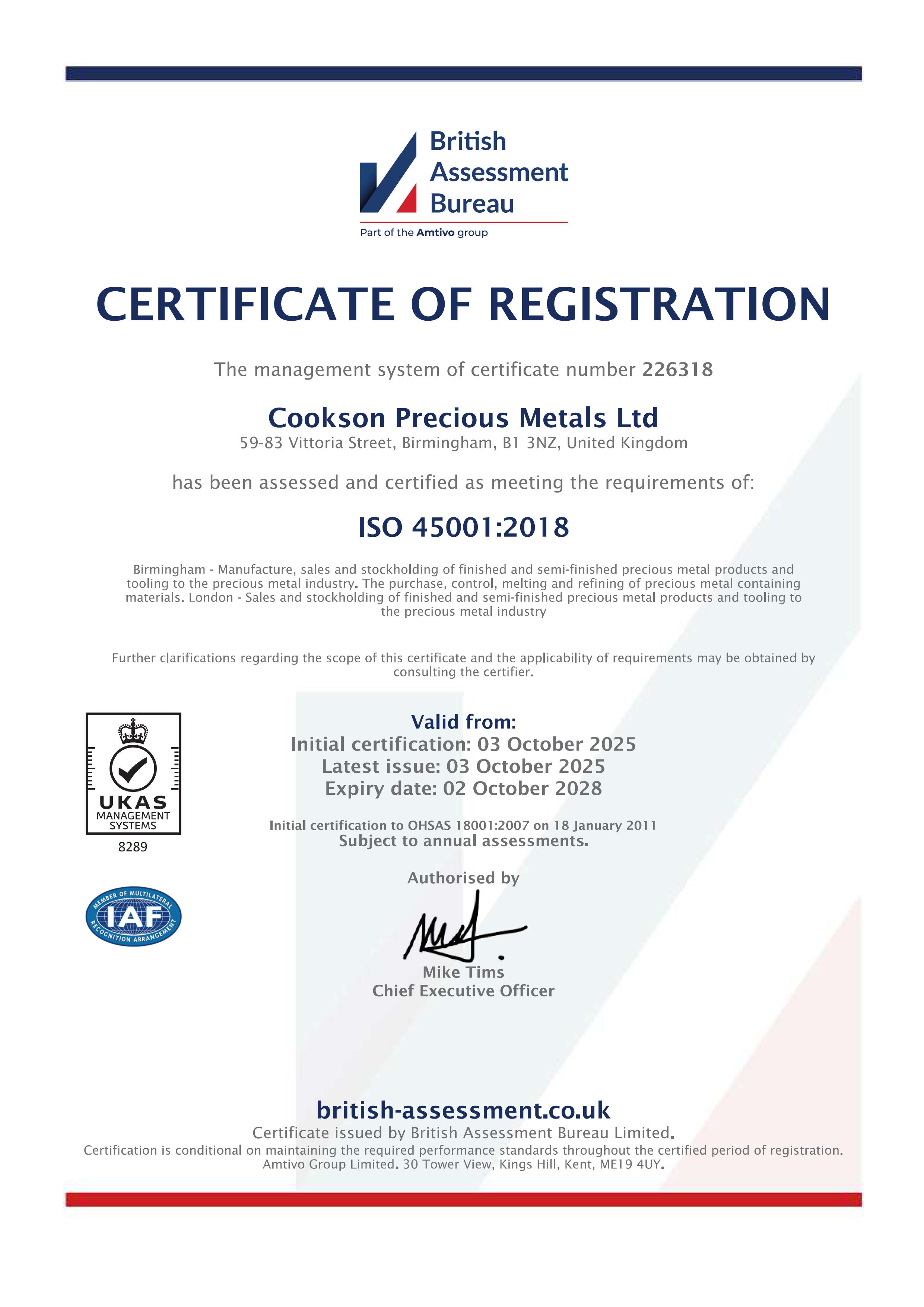 ISO45001:2018 Certificate
