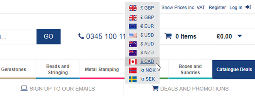 How to change into Canadian Dollars on Cooksongold